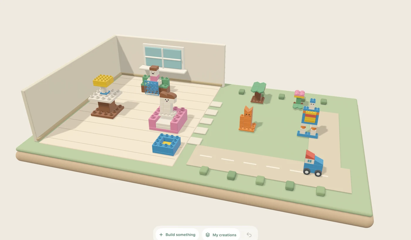 A populated world with brick-built residents, furniture, a cat, and a little car